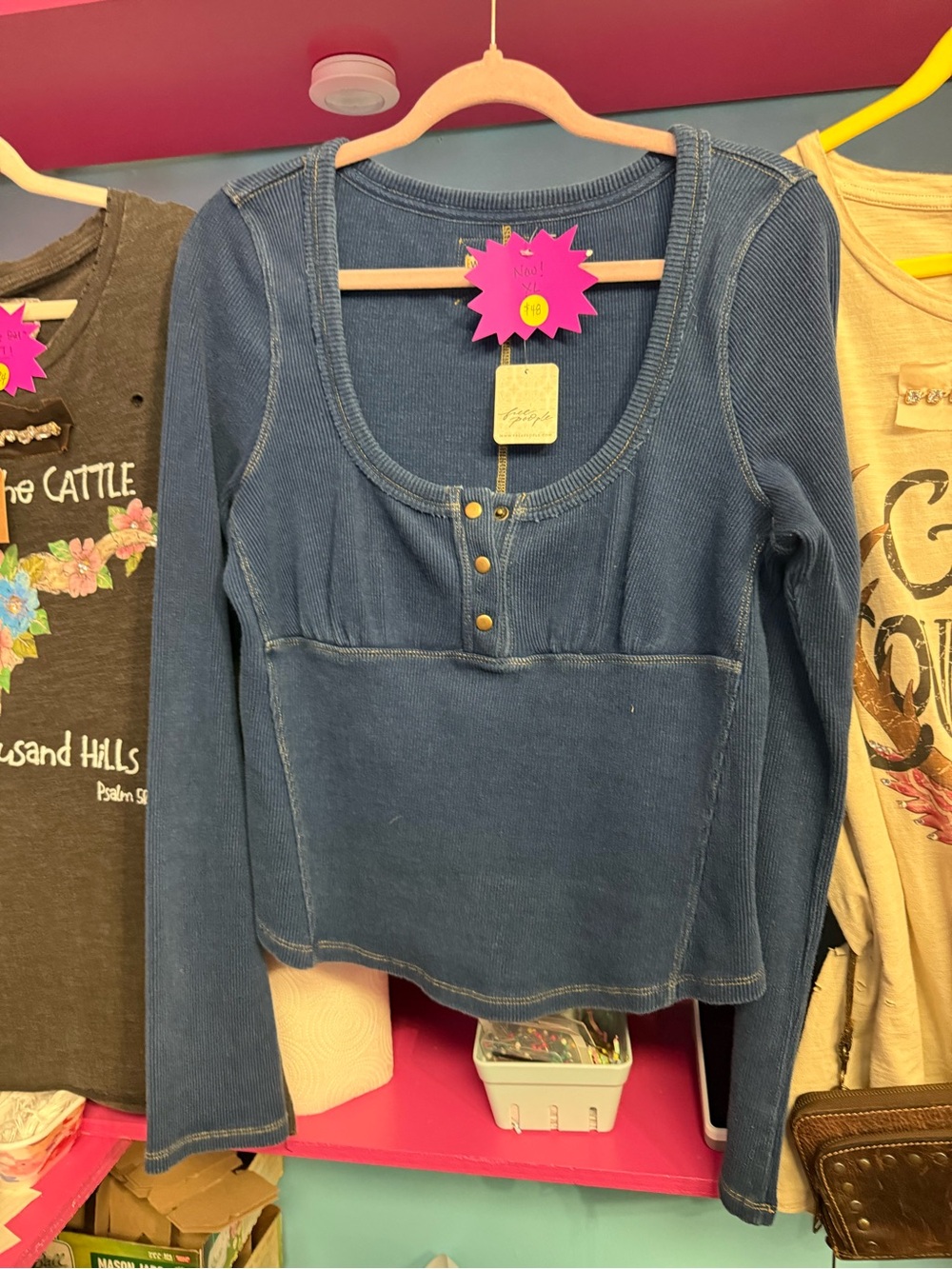Free People Denim-Style Blue Long Sleeve Scoop Neck Top with Button Placket